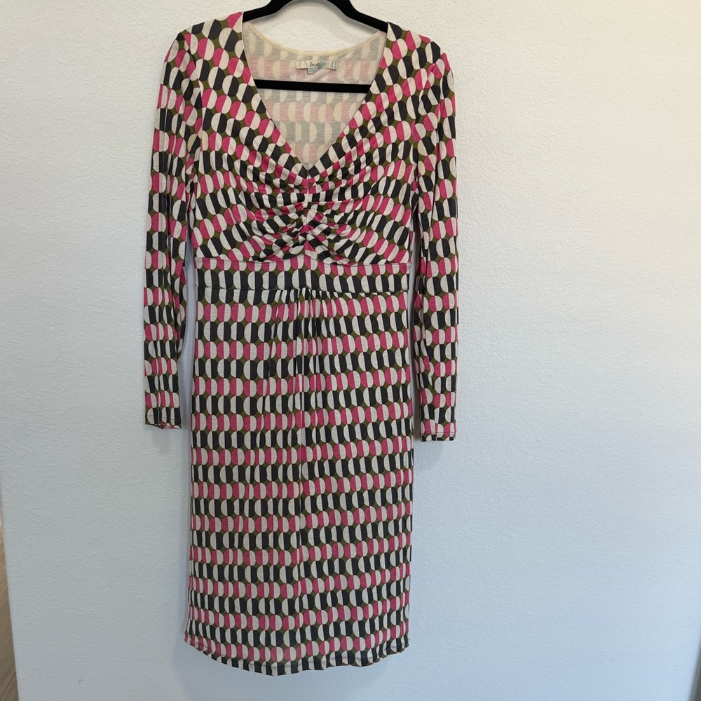 BODEN Geometric Print Long Sleeve Ruched Sheath Dress Size 8 Pink Green White - Picture 4 of 11